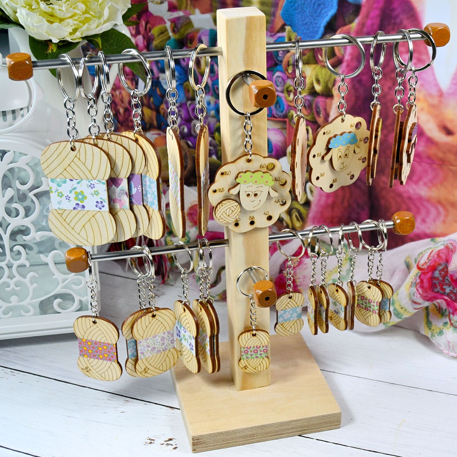 Key rings and needle gauges on display