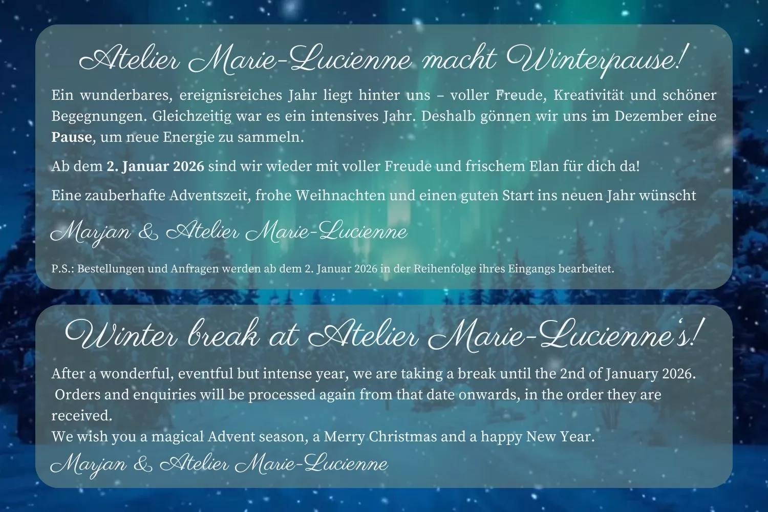 Atelier Marie-Lucienne macht Winterpause