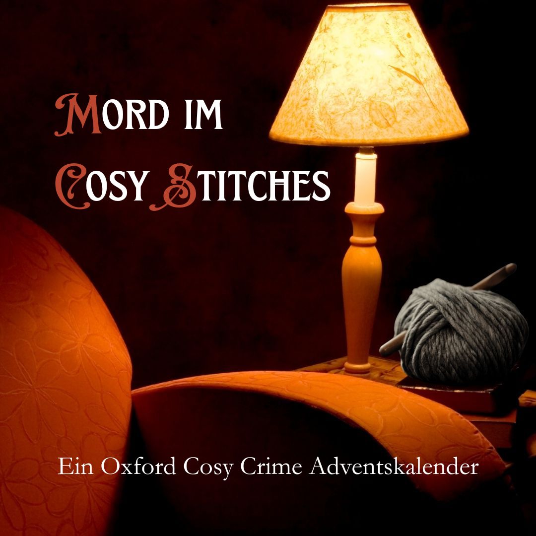Mord im Cosy Stitches Bild mit orangenem Sessel und Tischlampe