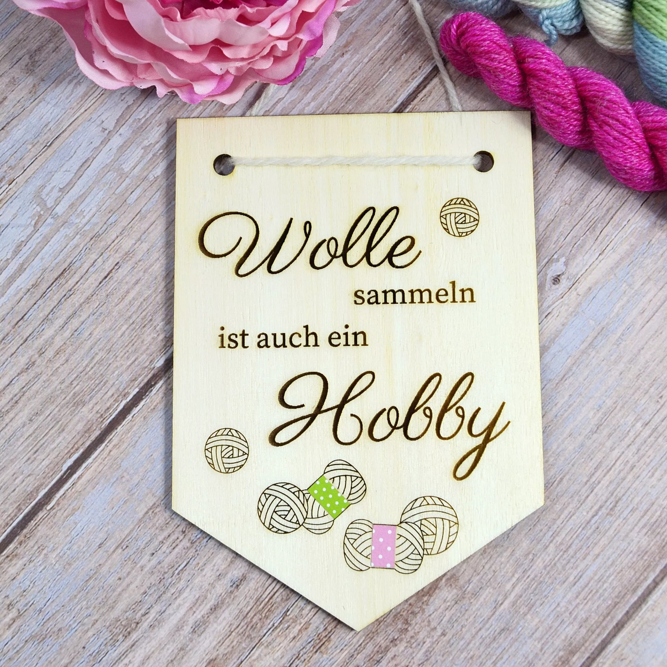 Holzwimpel "Wolle sammeln ist auch ein Hobby"